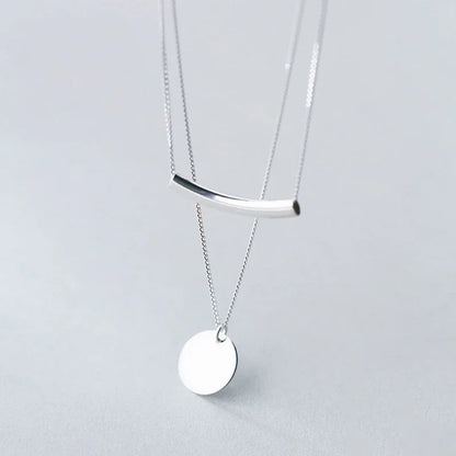Silver Layer Chain Geometric Round Disc Bent Pipe Choker Pendant Necklace
