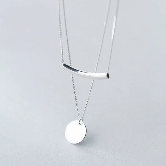 Silver Layer Chain Geometric Round Disc Bent Pipe Choker Pendant Necklace