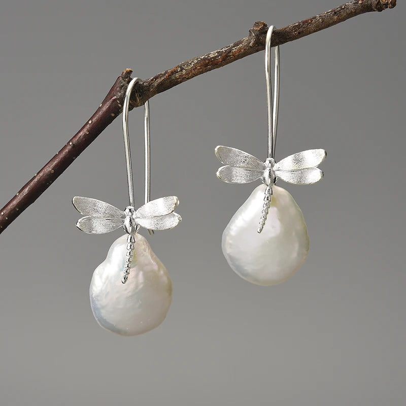 Silver Dragonfly French Baroque Pearl Earrings