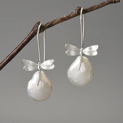 Silver Dragonfly French Baroque Pearl Earrings
