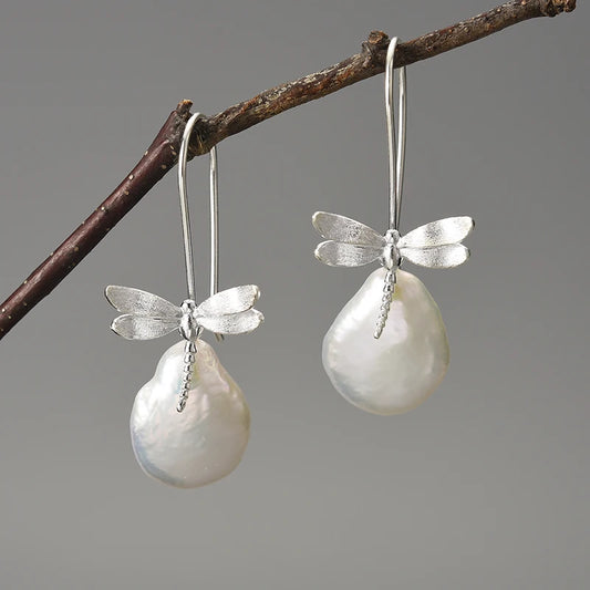 Silver Dragonfly French Baroque Pearl Earrings