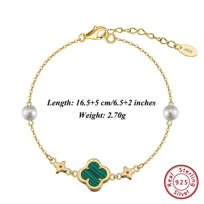 Silver Green Shell Four-Leaf Clover Bracelet O-Chain With Pearl