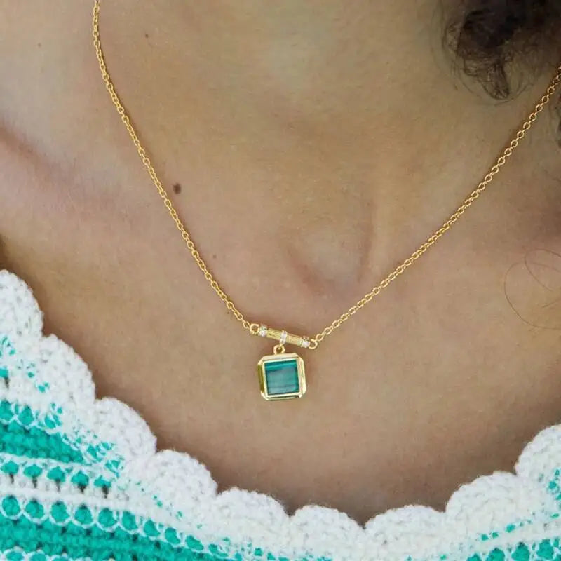 Silver 18K Gold Malachite Lapis Lazuli Square Pendant Choker Necklace