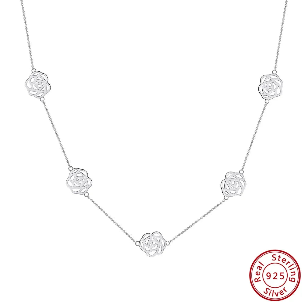 925 Sterling Silver Hollow Flower Geometric Charm Clavicle Chain Necklaces