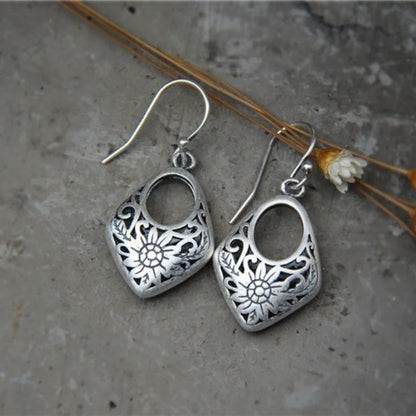 Silver Drop Earrings Sunflowers Pattern