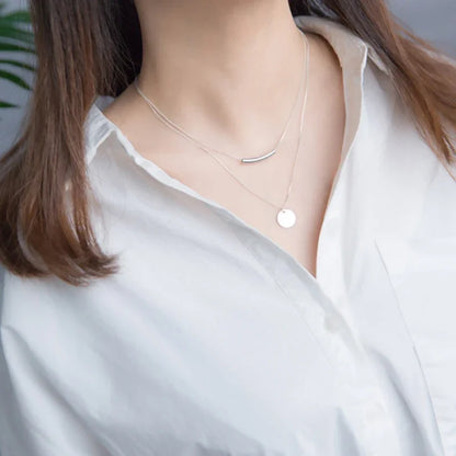 Silver Layer Chain Geometric Round Disc Bent Pipe Choker Pendant Necklace