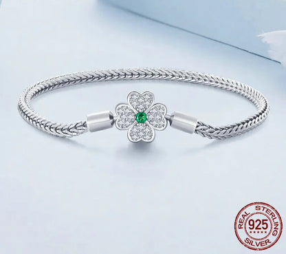 Silver Four-Leaf Clover Snake Bracelet