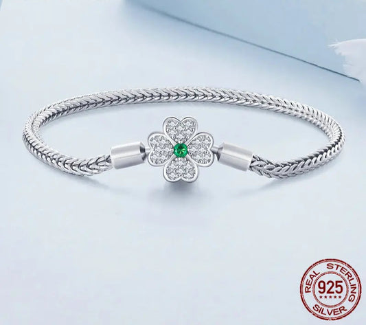 Silver Four-Leaf Clover Snake Bracelet