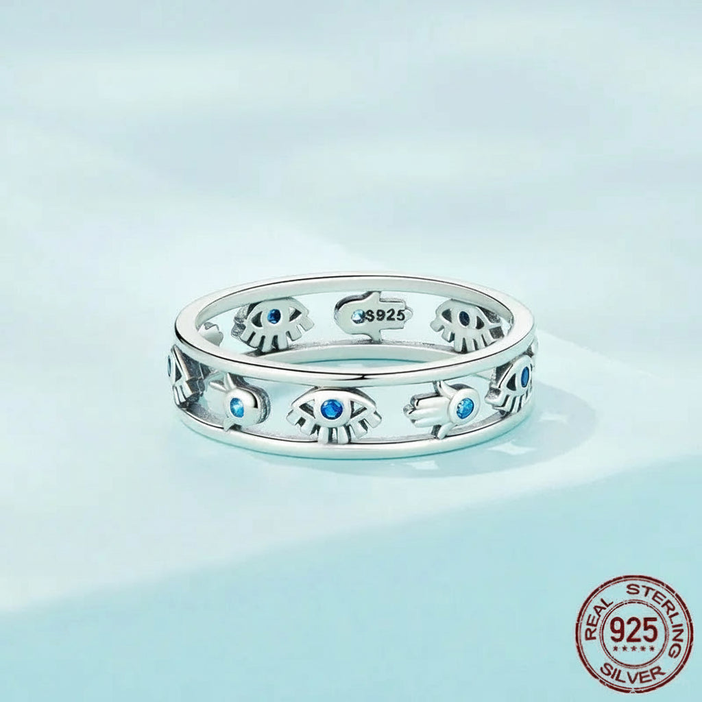 925 Sterling Silver Hollow-out Symbol Fatima's Hand Devil Eye Ring