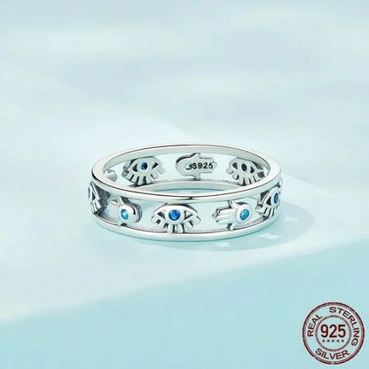 925 Sterling Silver Hollow-out Symbol Fatima's Hand Devil Eye Ring