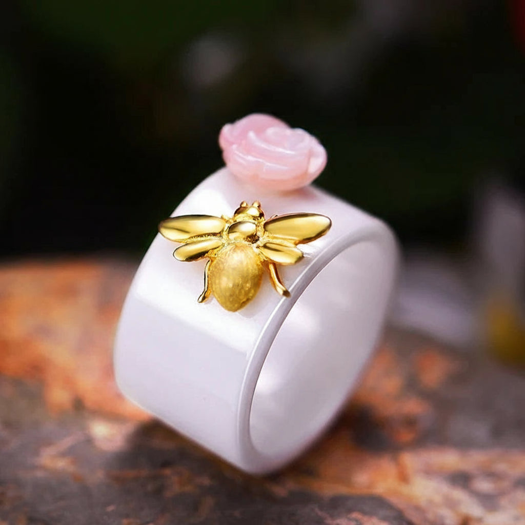 Silver Handmade Ceramic Bee Rose Ring