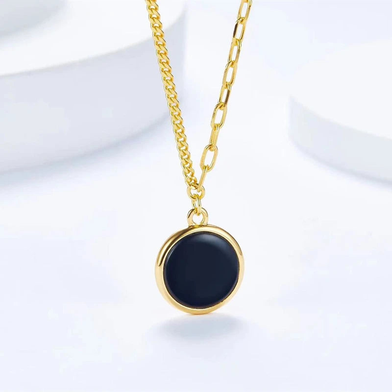 Mother Of Pearl Onyx Silver Double Side Round Disc Pendant Necklace