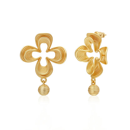 Lucky Four‑Leaf Clover Studs, 18K Gold‑Plated with Striped Detail & Ball Accent