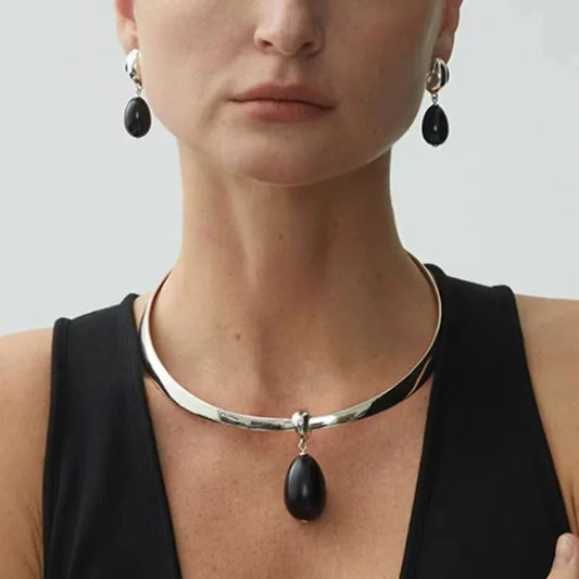 Obsidian Pendant Necklace Set — Choker and Earrings
