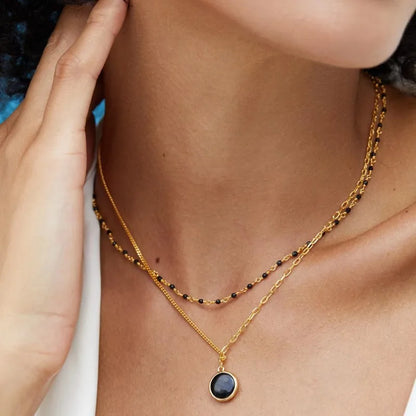 Onyx Black Agate 925 Silver Gold Plated Station Necklace, Minimalisti French Trendy Tiny Chain
