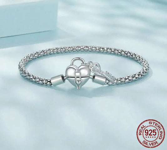 Silver Heart Lock and Key Buckles Basic Chain Bracelet
