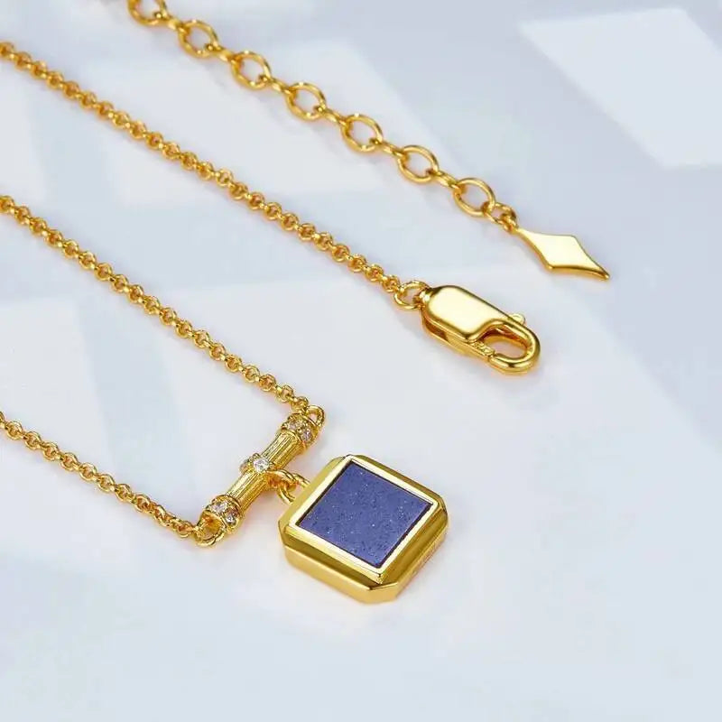 Silver 18K Gold Malachite Lapis Lazuli Square Pendant Choker Necklace