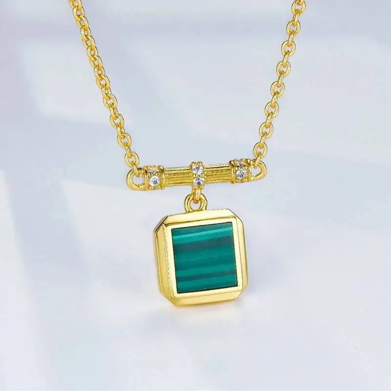 Silver 18K Gold Malachite Lapis Lazuli Square Pendant Choker Necklace