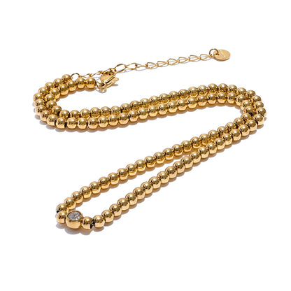 18K Gold Plated Round Beads Chain Handmade Necklace Water Resistant Stainless Steel