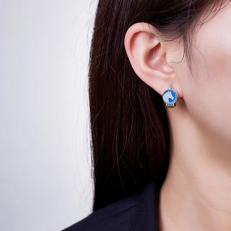 Silver Blue Agate Little White Horse Ear Studs