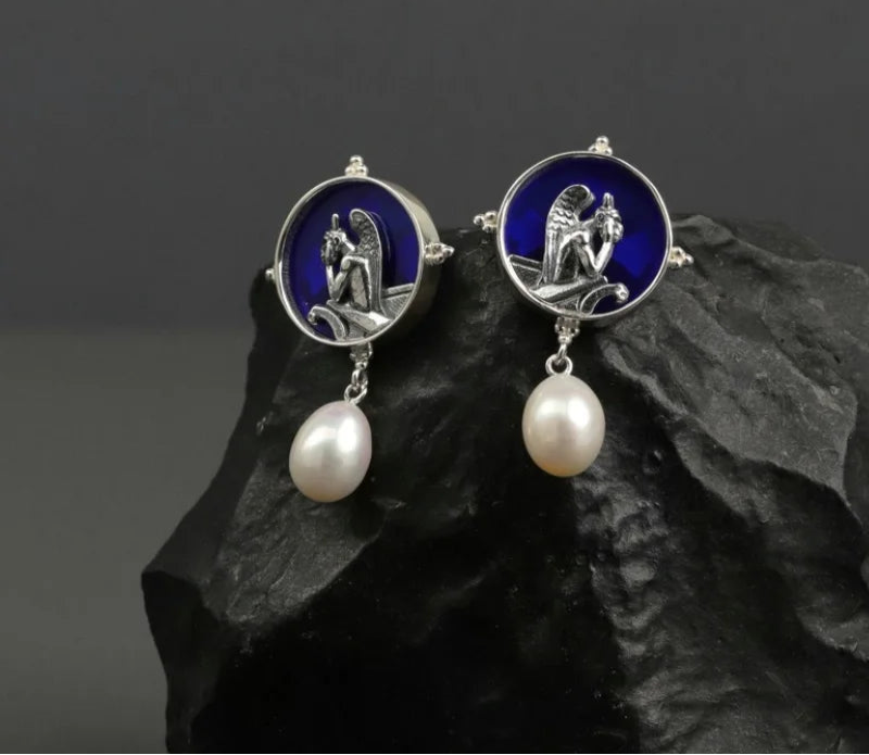 Silver Blue Glass Pearl Dangle Earrings