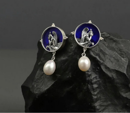 Silver Blue Glass Pearl Dangle Earrings