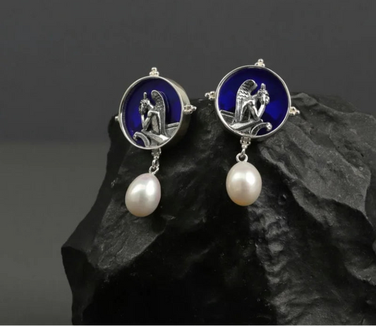 Silver Blue Glass Pearl Dangle Earrings