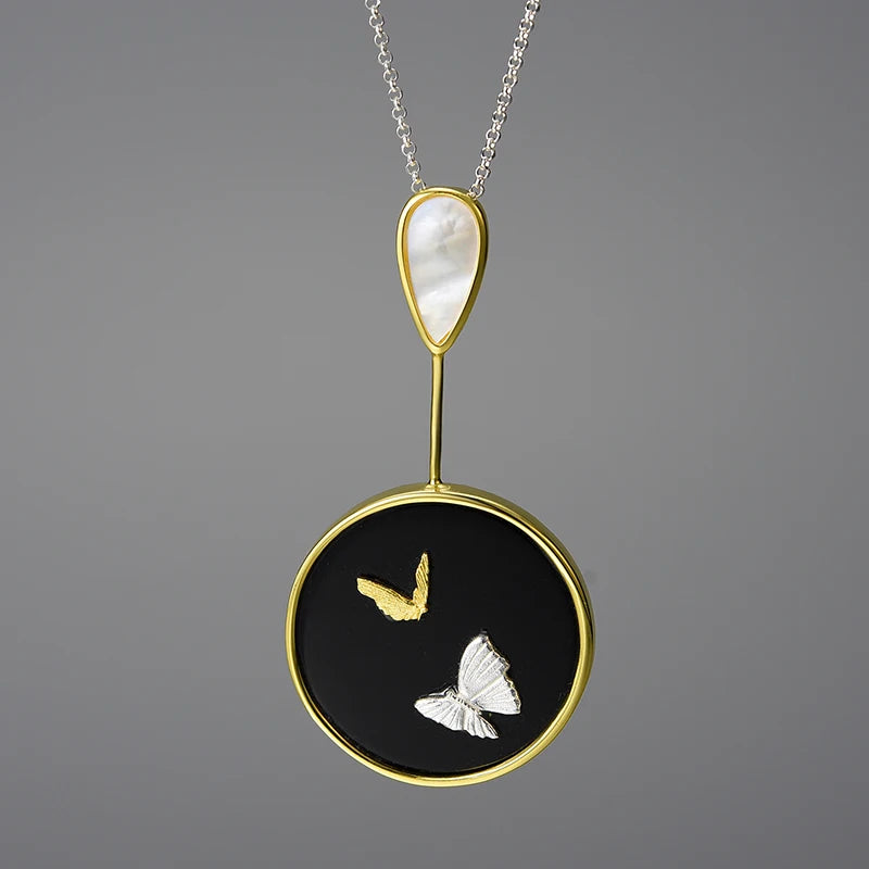 Silver Round Natural Agate Stone Butterfly Pendants and Necklaces