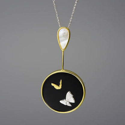 Silver Round Natural Agate Stone Butterfly Pendants and Necklaces