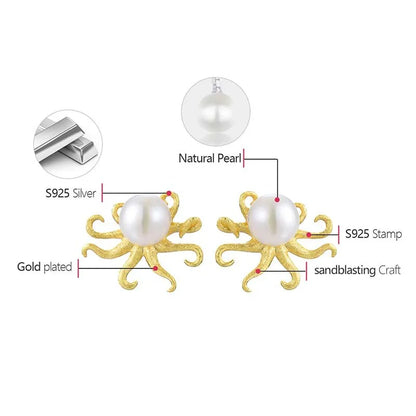 Octopus 925 Sterling Silver Natural Pearl Stud Earrings