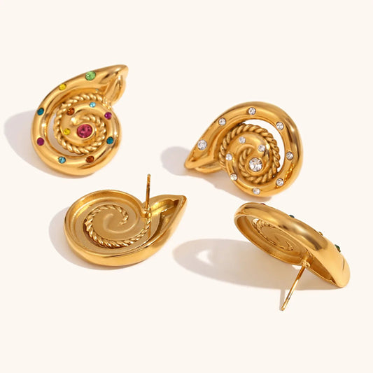 Waterproof 18K Gold Plated Twist Snail Earrings, Stainless Steel Studs