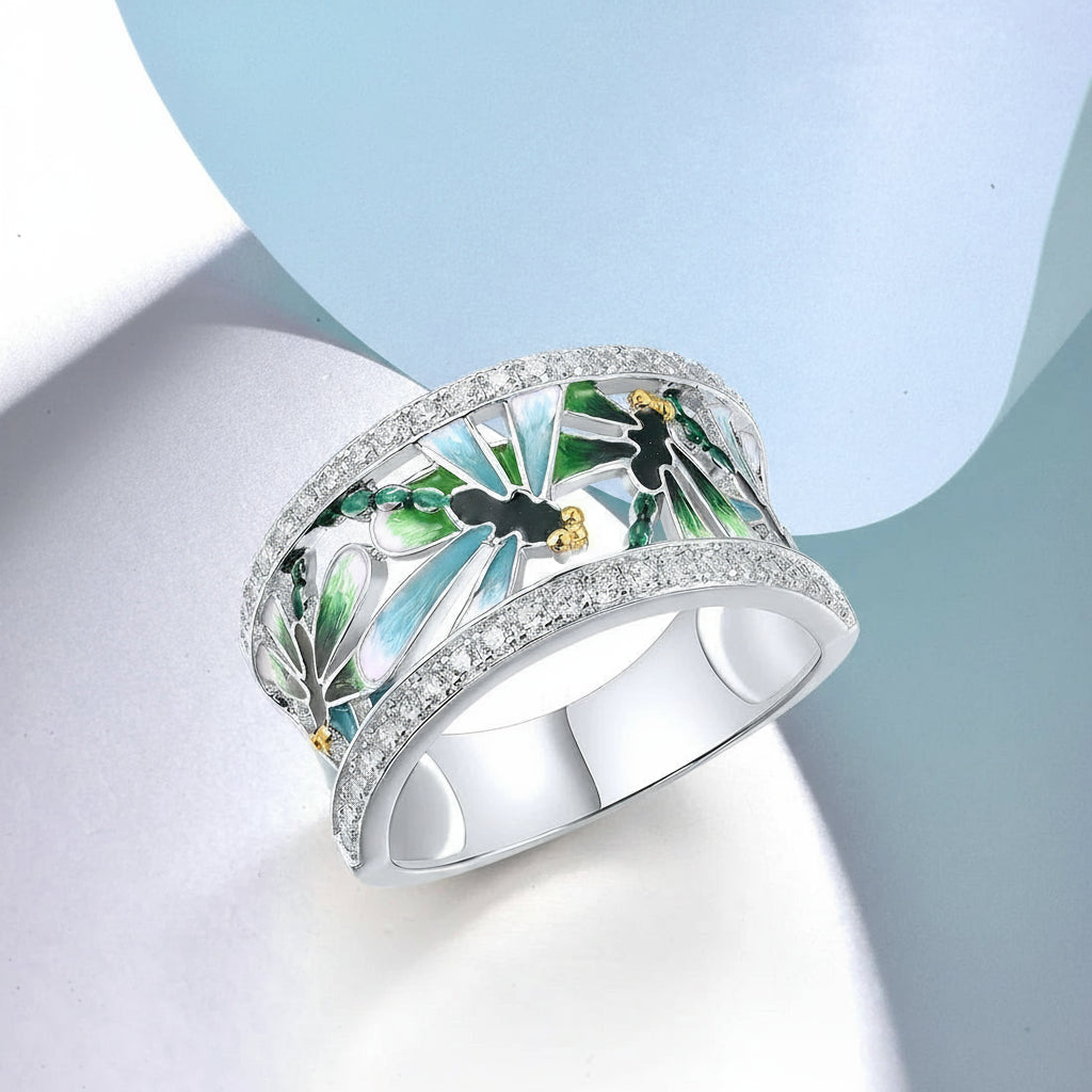 Silver Dragonfly Party Green Ring