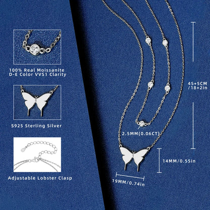 Silver Double Layer Butterfly Moissanite Pendant Necklace