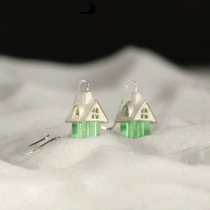 Silver Colorful Crystal Glass Cute Cabin Shaped Designer Dangle Earrings
