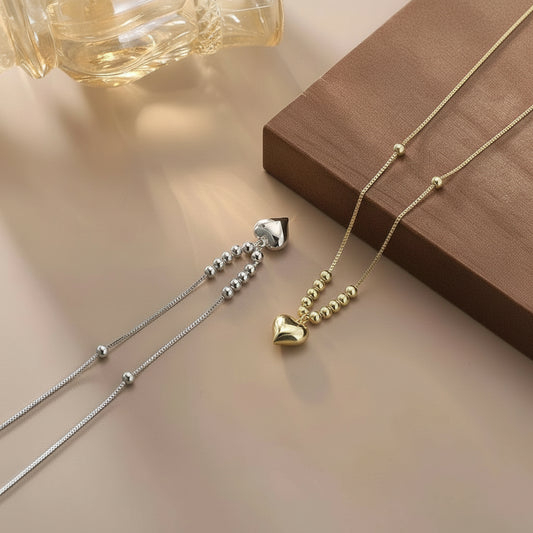 925 Silver Heart Pendant Necklace – 14K Gold Plated with Dainty Snake Chain & Sparkling Beads