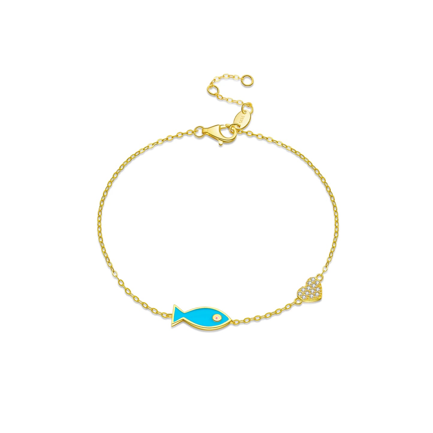 925 Sterling Silver Blue Fish Heart Chain Bracelet – 18K Gold Plated Punk Jewelry with Zircon
