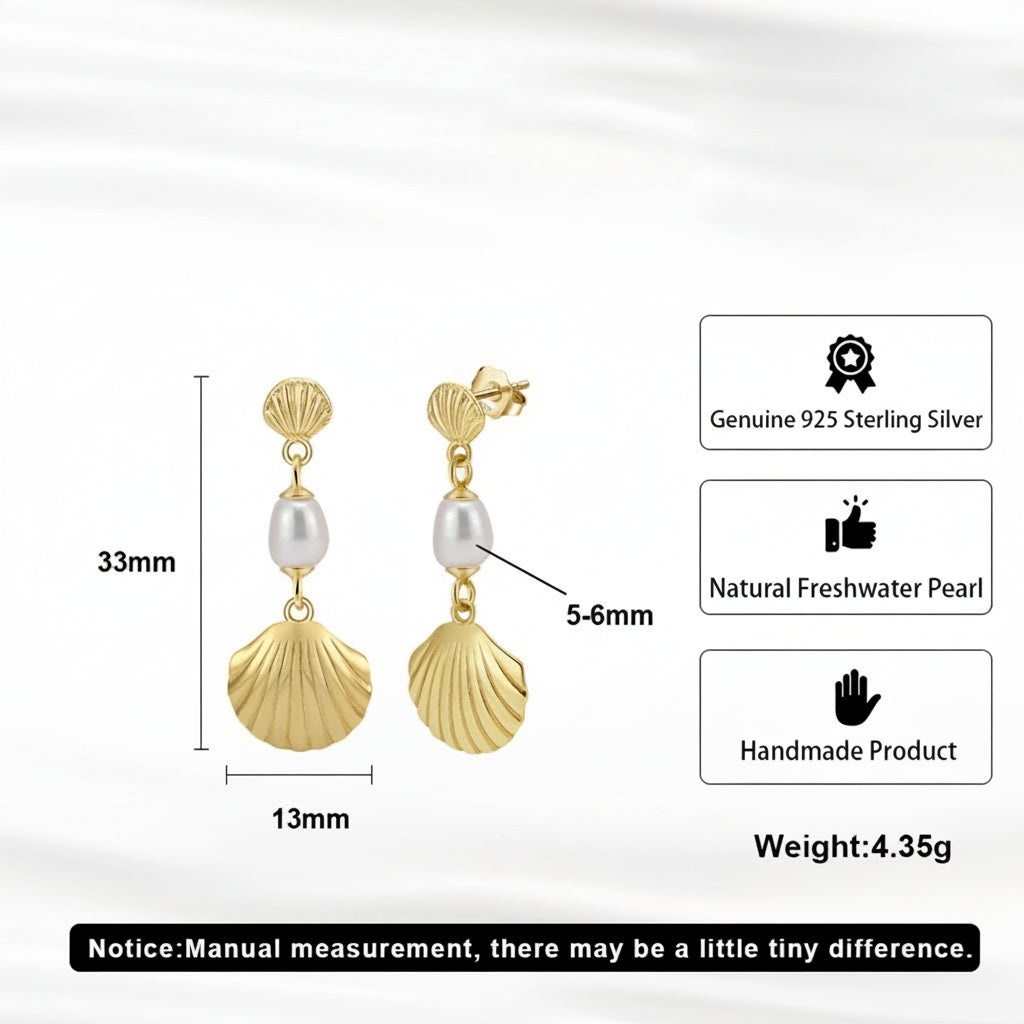 14K Gold Plated 925 Sterling Silver Freshwater Pearl Beach Wave Dangle Earrings