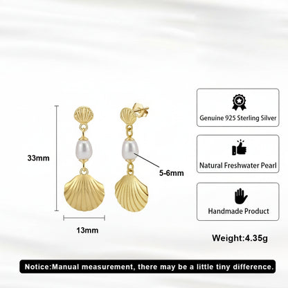 14K Gold Plated 925 Sterling Silver Freshwater Pearl Beach Wave Dangle Earrings