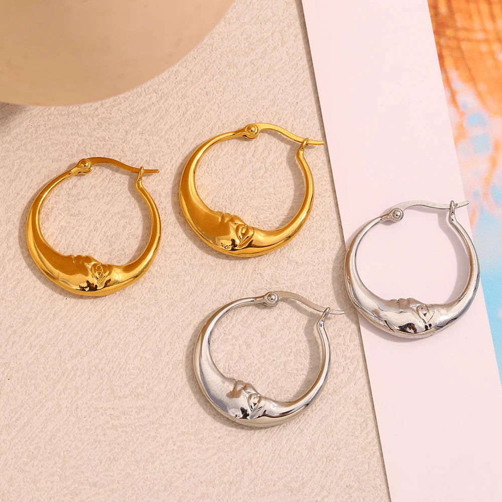 18K Gold Plated Stainless Steel Moon Hoop Earrings – Unique Waterproof Statement