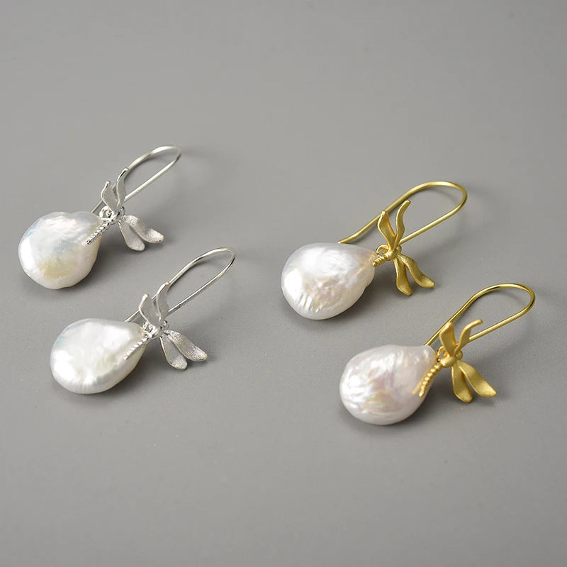 Silver Dragonfly French Baroque Pearl Earrings