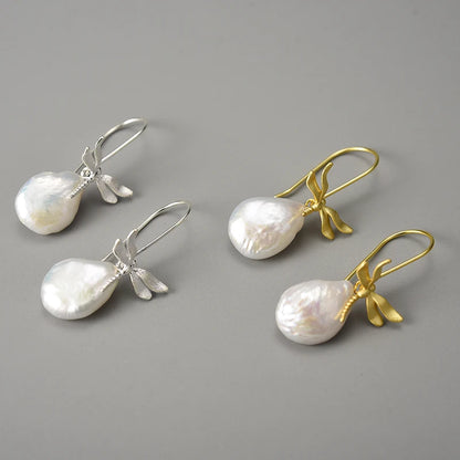 Silver Dragonfly French Baroque Pearl Earrings