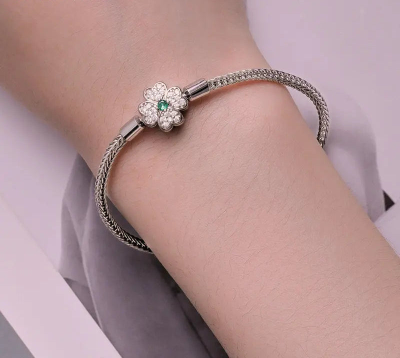 Silver Four-Leaf Clover Snake Bracelet