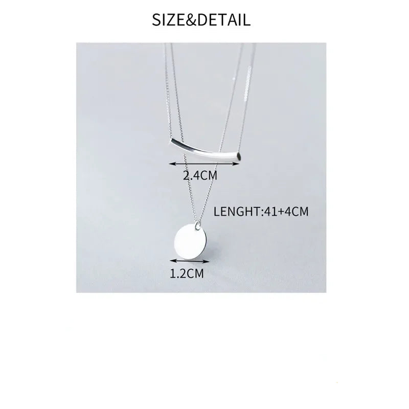 Silver Layer Chain Geometric Round Disc Bent Pipe Choker Pendant Necklace