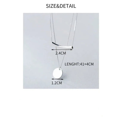 Silver Layer Chain Geometric Round Disc Bent Pipe Choker Pendant Necklace