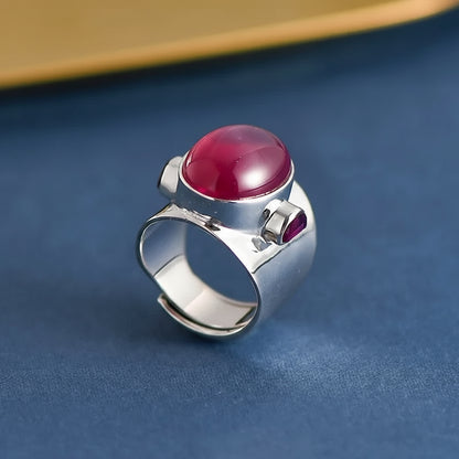 Silver Red Corundum Wide Ring, Minimalist Oval Stone Ring