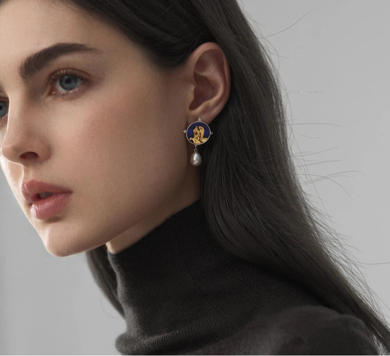 Silver Blue Glass Pearl Dangle Earrings