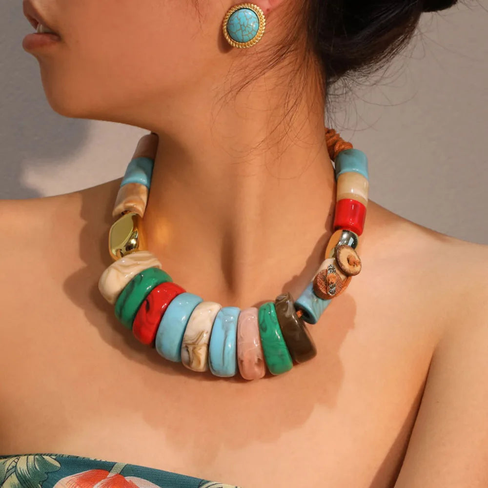Handmade Statement Boho Necklace with Colorful Beads
