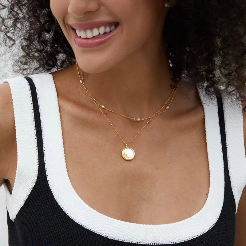 White Mother of Pearl, Silver Gold Plated Round Disc Pendant Sun and Moon Necklace