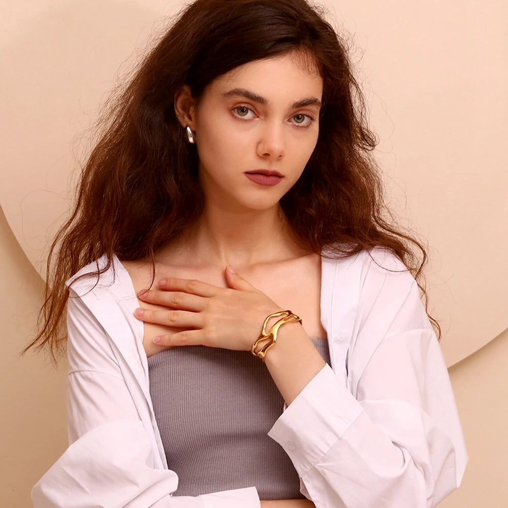 18K Gold Wave Open Cuff Bracelet Waterproof 316L Stainless Steel