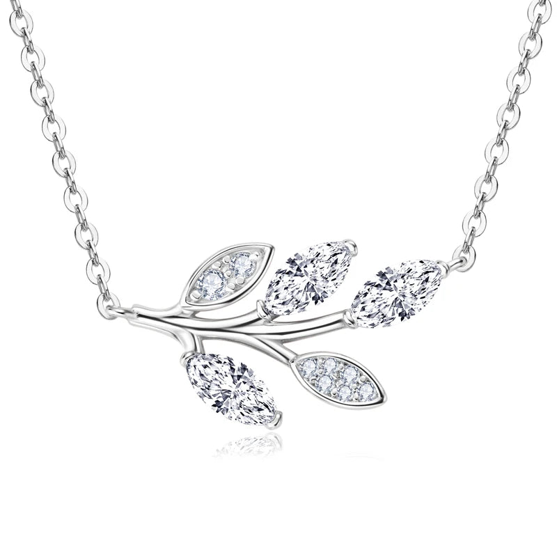 Silver Marquise Cut Moissanite Leaf Pendant Necklace